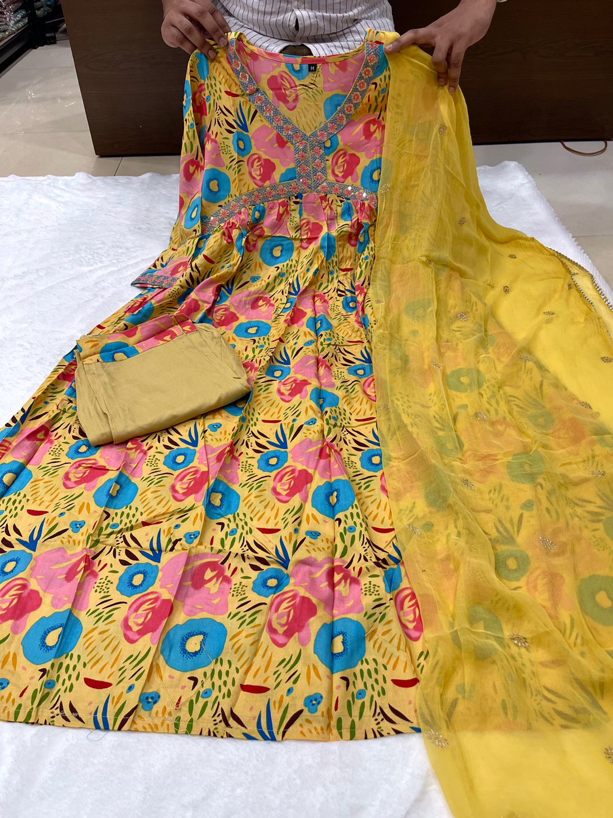 Yellow Floral Alia Cut Kurti With Pant And Dupatta Catalogue